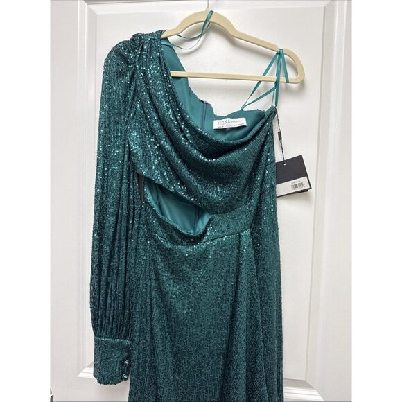 MAC DUGGAL Size 10 26730 Teal Green SEQUINED ONE SHOULDER CUT OUT GOWN Dress New - Picture 5 of 13